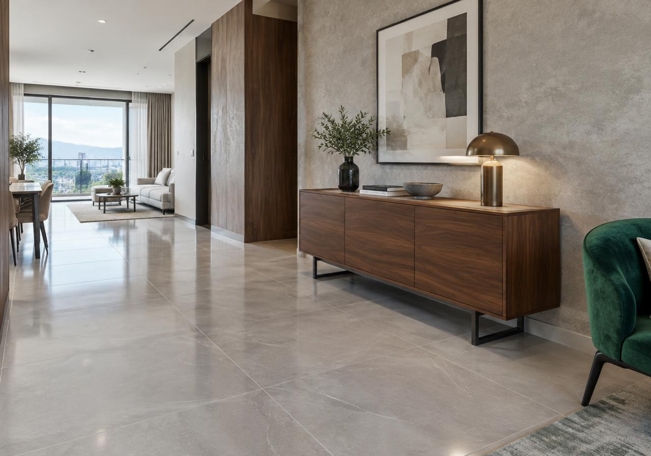 Polished stone floor tiles and textured wall finishes